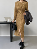 Women's Floral Shoulder Pad Hollow Out Ruched Dress Long Sleeve Slit Hems Casual Midi