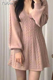 Vintage Woman Dresses V-neck Lantern Sleeve Knit Robe Elegant Vestidos De Mujer Fashion Korean Sweater Y2K Mini