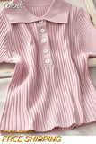 New Women Ribbed Button Up Polo Shirt Female Plain Short Sleeve Candy Colors Top Stretchy Slim Tee Shirts 2023