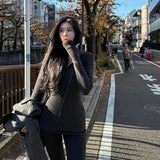 Retro Black Hooded Long-Sleeved Knitted Shirt Micro-Sleeves Friserie Women Autumn And Winter Slimming Two