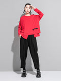 Women Red Irregular Split Joint Big Size T-shirt New Round Neck Long Sleeve Fashion Tide Spring Autumn 2023