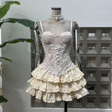 Age-Retro-Erecent Sweet Summer 2025 Fashion Lace Court Wind Fish Bone Chest + Folded Cake Half-Skirt Women