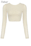 Beading Fashion Top 2023 New Women Long Sleeve Clothes Club Party Sexy Mesh Vintage Elegant