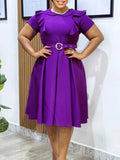 Women's Short-Sleeved Doll Collar Solid Color Short-Sleeved Lotus Leaf Side High-Waisted