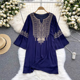 Embroidary Bohemian Women Dress Flare Sleeves Solid Retro O Neck 2022 Fashion Loose Ladies Midi