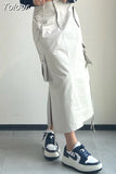 Long Cargo Skirt Women Y2k Streetwear Vintage Pocket High Waist Side Split Shirring Casual Straight Midi Skirt