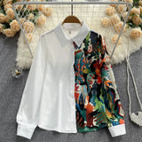 Women Print Spliced Long Blouse Casual Long Sleeve Button Loose 2022 Autumn Streetwear French Office Lady Fashion