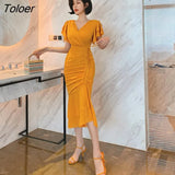 Fashion Party Dress Women Elegant Summer Sexy Ruffle Sleeve V-Neck Orange Mermaid Midi Club Prom Beach Stretch Robe