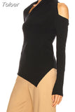 2023 Autumn New Fashion Women's Tops New Asymmetrical Long Sleeve Hollow Out Irregular Slim Knitting Sweater Female