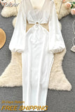 Sexy Women White Long Dress 2023 Spring Summer Fashion V-neck Lantern Sleeve Cut Out Side Split Club Party Maxi