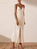 Sexy V-Neck Strap Satin Midi Dresses Fashion Sleeveless Backless Women'S Dress Vintage Solid Buttons Party Robe