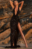 Black Sexy Deep-V Sleeveless Irregular Sequins Evening