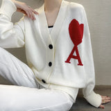 2022 Korean Style Men And Women Red Heart Love Letter A Knitted Cardigan Loose Long-Sleeved Sweater V-Neck Coat Unisex