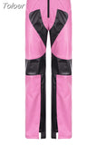 Colorblock PU Leather Pants Streetwear Women 2023 Fashion Sexy Cut Out Low Rise Straight Pants Rave Club Wear