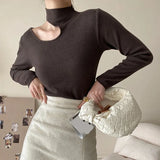 Women Black Cut-out High Elastic Knitting Brief T-shirt New Turtleneck Long Sleeve Fashion Tide Spring Autumn 2023