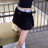 Preppy Pleated Mini Skirt for Women Korean Style Summer Patchwork High Waist Casual Belt A-line Skirt Shorts