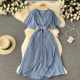 Pleated Dress Women Short Sleeve V Neck Solid A-line Dresses 2022 New Summer Chiffon Vacation Beach