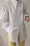 Women Blouse Chic High Street Tops Korean Vintage Turn-down Collar Loose Long Blusas Mujer Puff Sleeve White Shirt
