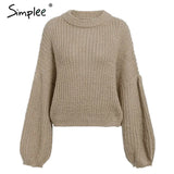 Winter lantern sleeve knitted sweater pullover Women loose round neck red sweater Female autumn casual sweater
