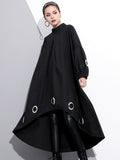 2022 New Spring Round Neck Long Sleeve Solid Color Black Metal Ring Big Size Hollow Out Dress Women Fashion Tide