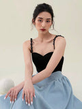 2023 Autumn Women's Dress New Fashion Beading Strap Slim Contrast Color Mid-calf A-line Dresses Elegant Female Tide