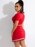 Fashion Sport Baseball Short Sleeve Crop Top And Slit Skirt 2 Piece