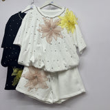 Set European Dress Design Butterfly Set Drill Short Sleeve T-Shirt Blouse Woman + Tight Waist Broad Leg Shorts Two