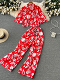 Women Summer Fashion Korean Two Piece Suits Short Sleeve Short Top+Wide Leg Long Pants Streetwear Ladies Suits Two Piece