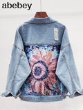 Style Print Women's Denim Jacket Coat Diamonds Hole BF Jeans Outwear Female Spring Autumn Casual Loose Cowboy