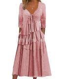 Dress Women 2023 Spring Drawstring Irregular Long Sleeve Spring Lace Up Long Dresses V-neck Boho Streetwear