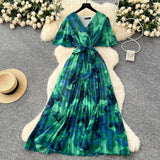 Summer Dress New Female High-End Feel Strapped Belt V Collar Horn Sleeves Thin Temperament Print Chiffon