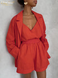 Fashion Crop Top Long Sleeve Shirts 3 Piece Sets Womens Outifits Autumn Orange Shorts Set Elegant Loose Suit With