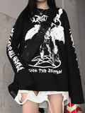 demon Print Oversized t-shirt y2k Female clothing Long leeve Casual Vintage black top Punk Gothic T-shirts Loose