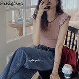 Crop Tops 2023 Women's Clothing O-neck Ruffles Tunic Sweet Tanks Korean Chic Casual Fashion Summer Waistcoat Ropa