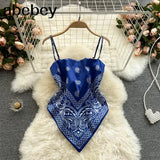 Treny Print Top Women's Sexy Backless Strap Camis Scarf Tie Crop Top Beach Holidays Sexy All-matching Summer