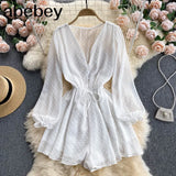 Women Dot Chiffon Rompers Long Sleeve V Neck Casual Loose Overalls Jumpsuits Summer Korean Wide Leg Beach