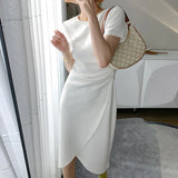 2022 Summer Short Sleeve Bodycon Green Dress Women Elegant Sexy Fold Slim Waist Mermaid Midi Dress 100% Cotton