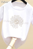 Fashion Ins Hot Rhinestone Loose T-shirt Women 2023 Summer Small Daisy Short Sleeve Sun Flower Cotton Tshirt