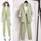 Summer Pants Women's Elegant Suit Casual Top Jacket Trousers Two Piece Set Office Work Clothes Female