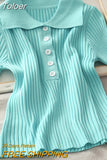 New Women Ribbed Button Up Polo Shirt Female Plain Short Sleeve Candy Colors Top Stretchy Slim Tee Shirts 2023
