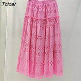 Boho Elegant White Long Skirt Women Hook Flower Hollow Folds Hem High-waisted Skirts Casual Holiday Female Clothes
