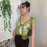 Rockmore Brown Mesh Transparent Tshirt Women Lace Up Cardigan Tops Short Sleeve Tees Shirts Streetwear Summer Sexy