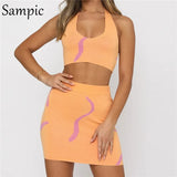 Y2K Women Green Sexy Skirt Suit 2021 Halter Casual Beach Tie Dye Print Knitted Skinny Tops And Mini Skirt Two Piece