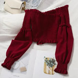 Sexy Slash Neck Short Tops Women Ruffle Long Sleeve Khaki/White Shirts Casual Slim Off Shoulder Tops Female New Fashion