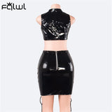 Fall Hollow Out Bandage Black PU Faux Leather Dress Suits Sexy 2 Two Piece Sets Womens Mini Skirts Sleeveless Crop