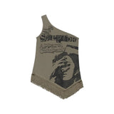 Grunge Print Tank Tops Vintage Irregular Patchwork Camisole Korean Fashion Tassel Design Tops 90s Punk Style Vest