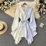 Korean Irregular Dresses Women Fashion Long Sleeve Sashes A-line Dress Spring Vintage Stripe Streetwear Mini
