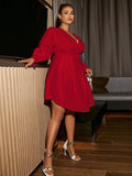 Size Curved Hem Puff Sleeve Deep V