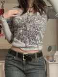 Rhinestone Floral Vintage Graphic T Shirts Women Gray Casual Cute New Sweat Tops O Neck Long Sleeve Autumn Baby