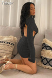 Backless Mini Knitted Dress Women Autumn Long Sleeve Top Hollow Out Pullovers Party Club Casual Bodycon Turtleneck